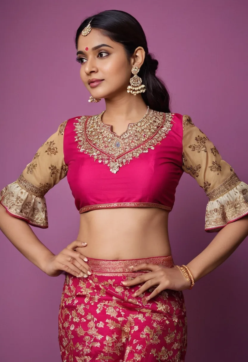 Magenta and gold designer crop blouse with bell sleeves and Aari work detailing
