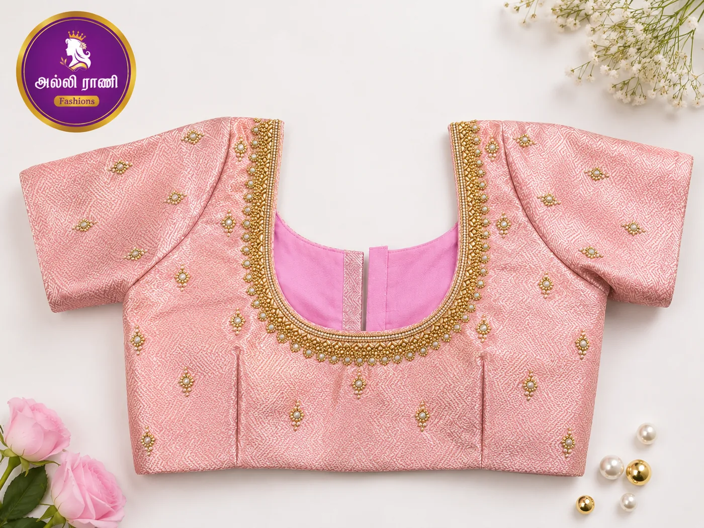 Pink silk designer blouse with gold beadwork stitched by Alli Rani Fashions in Triplicane, Chennai