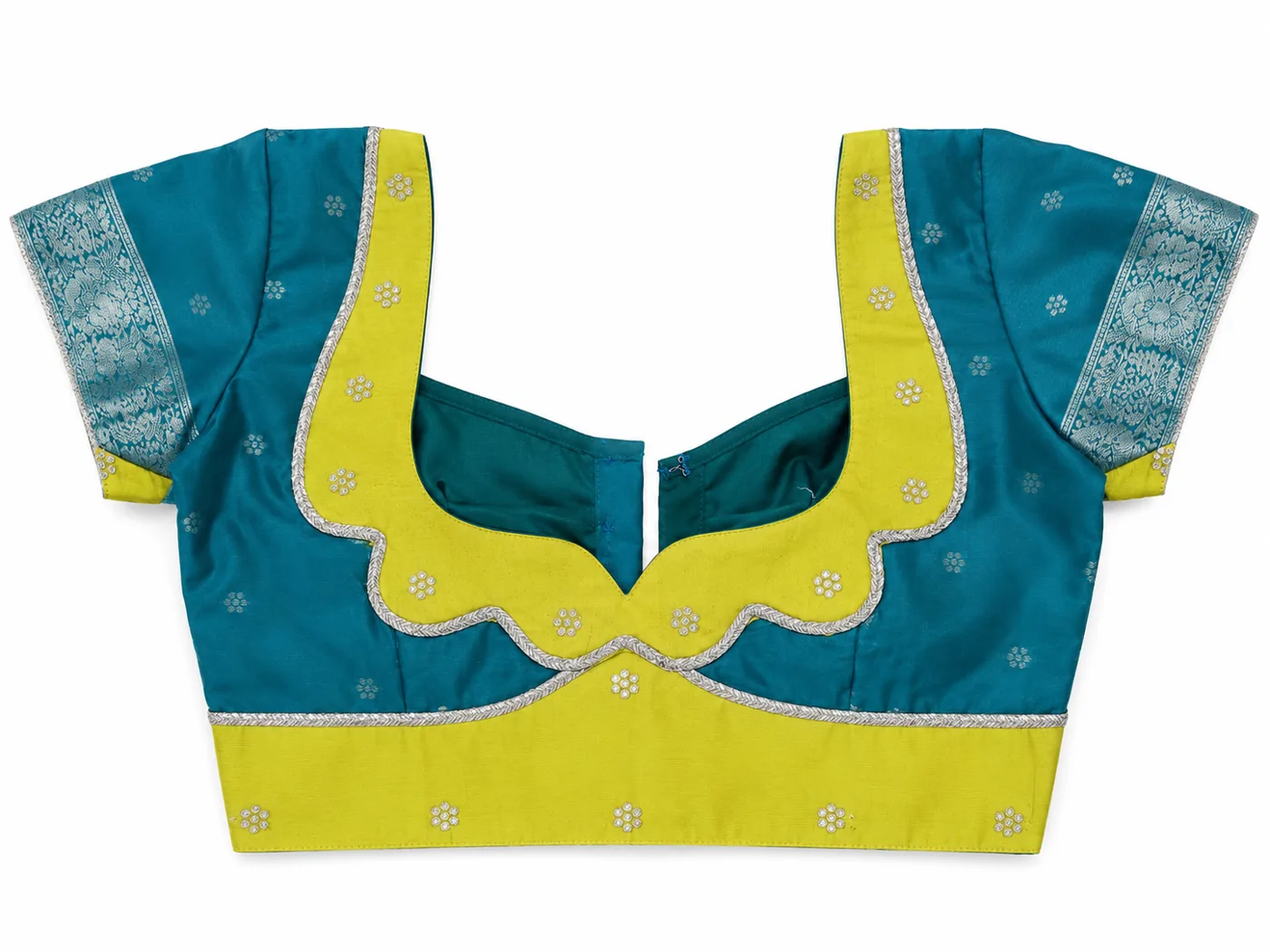 Teal and lime designer blouse with silver embroidery and scalloped edges