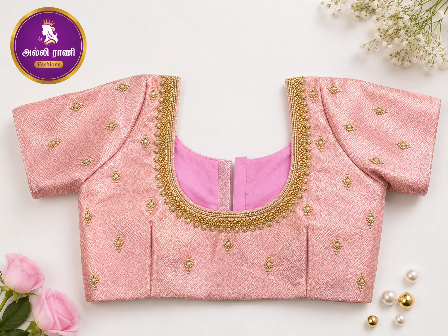 Blush pink blouse with Aari and pearl work