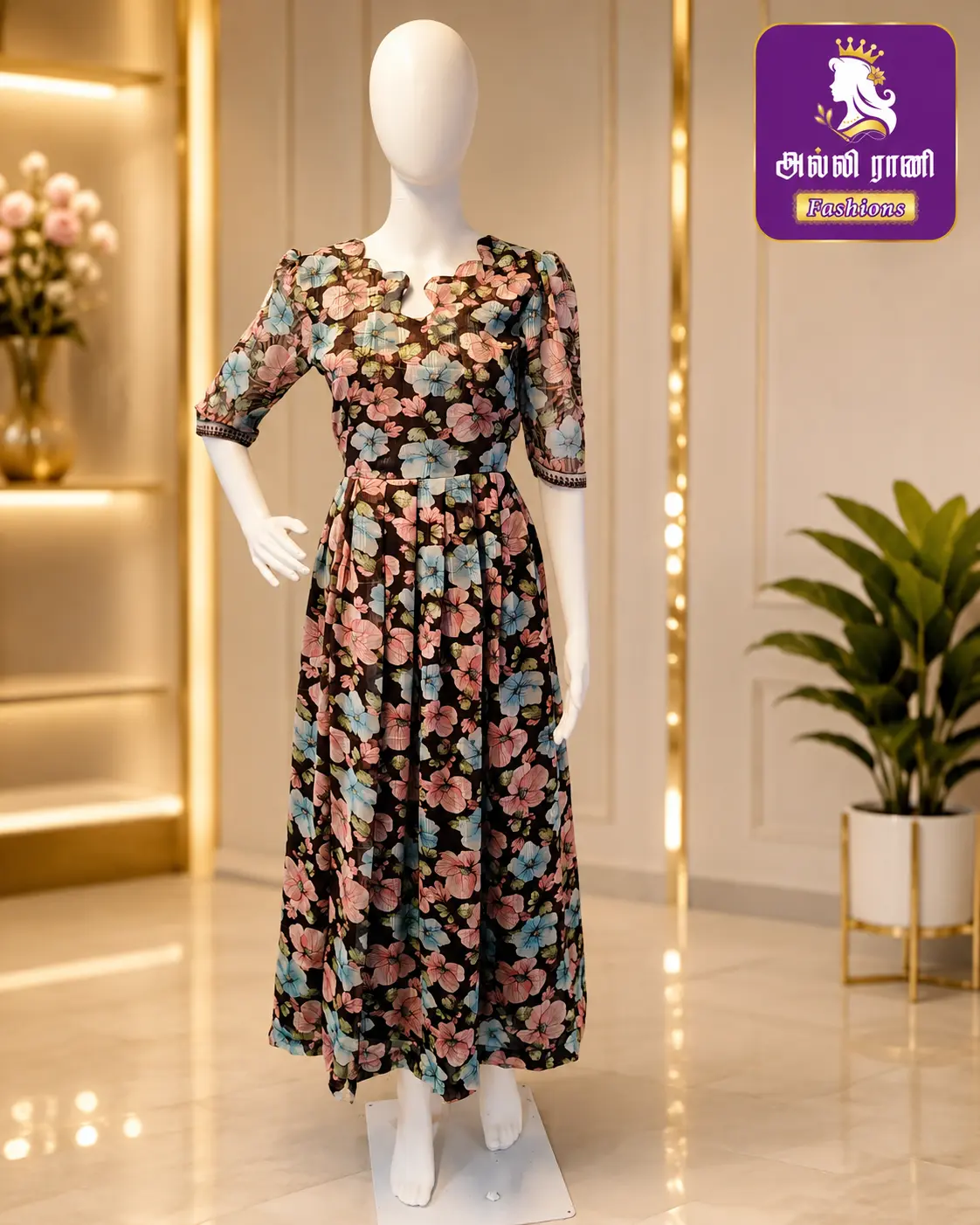 Floral printed georgette long gown stitched to measurement