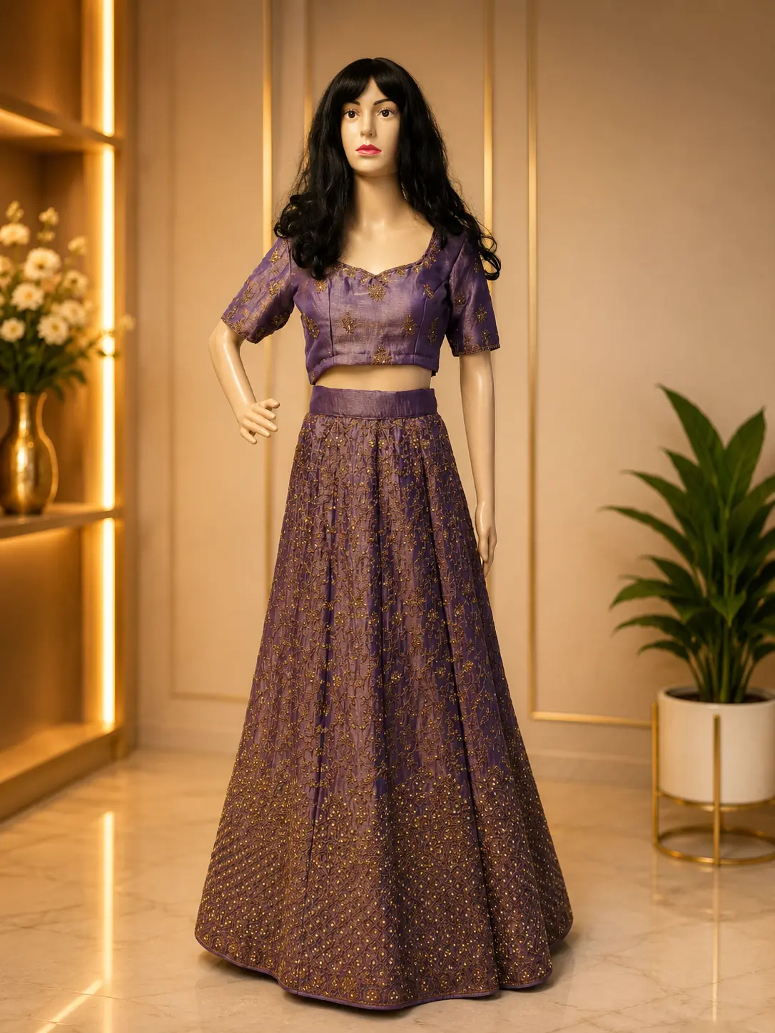 Mauve sequin crop top lehenga for reception wear
